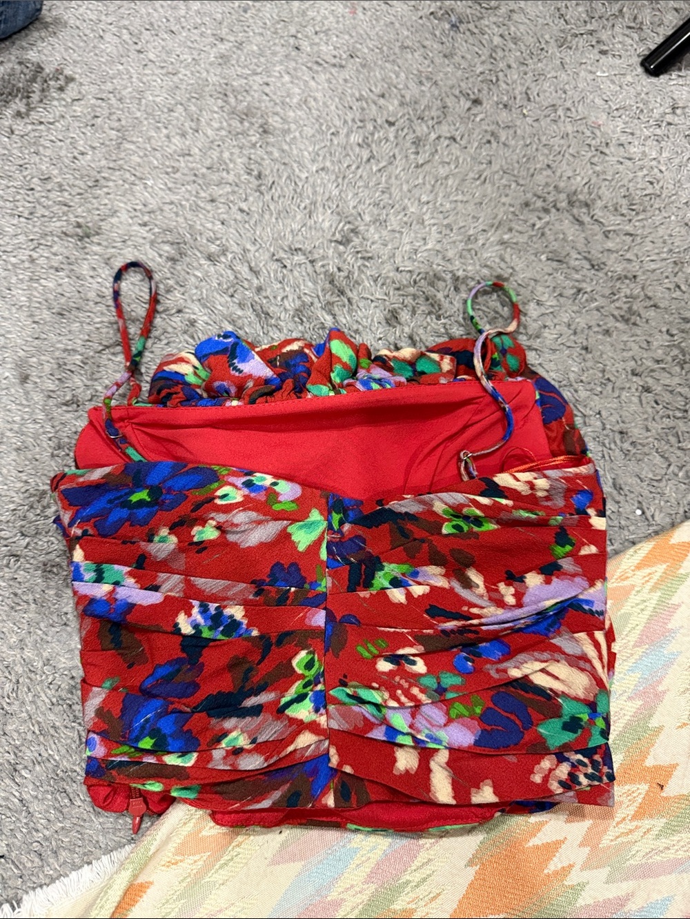 Zara Multicolor Floral Ruched Spaghetti-Strap Top cropped xsmall red blue - Picture 3 of 6